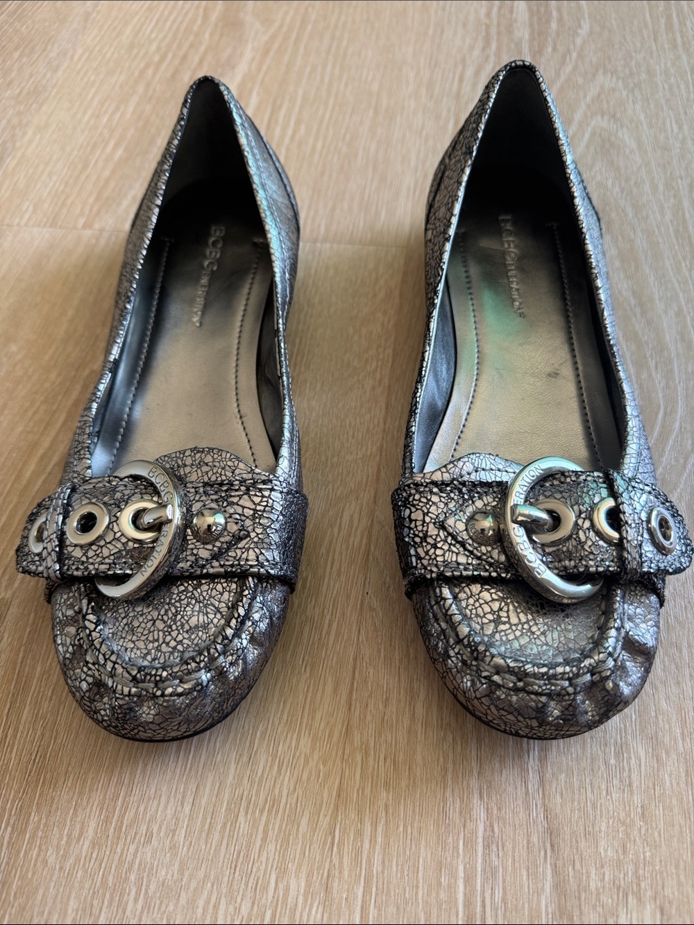 BCBGMaxAzria Metallic Silver Crackle Loafers with Buckle Detail